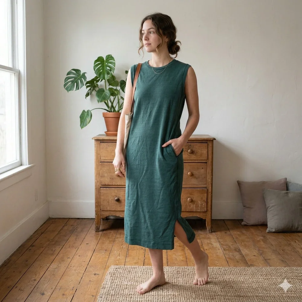 Bayflow Midi T-Shirt Dress Womens Free Size Forest Green Cotton Slub Sleeveless